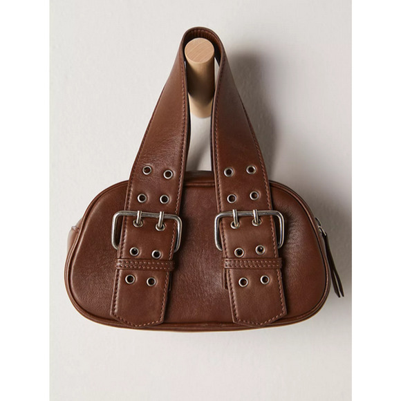 Free People Espresso Brown Soft Leather Roud Rivets Zip Lined Say Yes Bag NWT - Picture 1 of 4